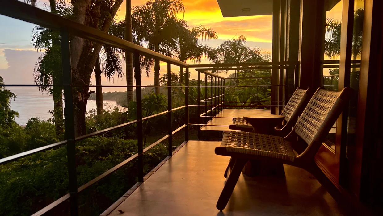 Villa terrace overlooking the sea at sunset in Samana, Dominican Republic